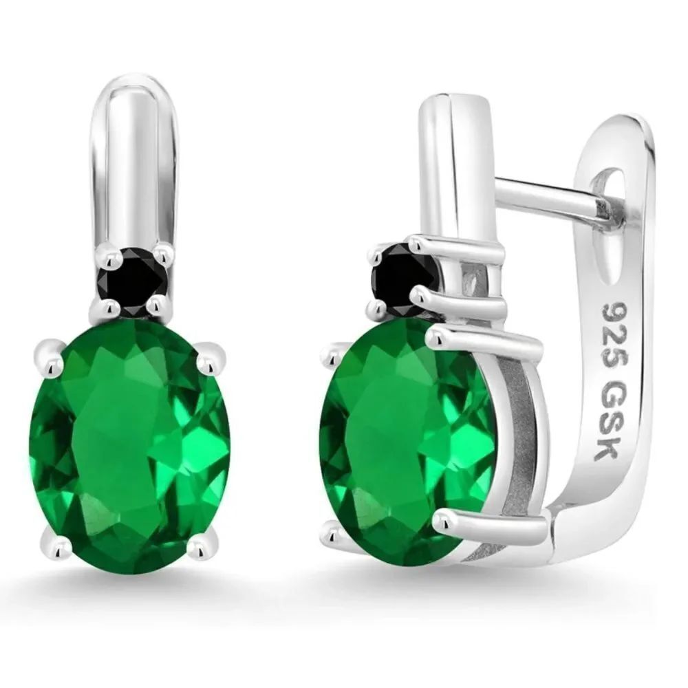 925 Sterling Silver with 4.73 Cttw Emerald and Black Diamond Oval Drop Earrings